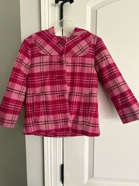 Old Navy pink plaid hooded jacket polyester/wool mix 4t GUC Button front